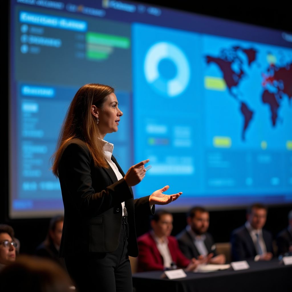Valeria Gómez presentando en una conferencia
